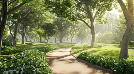 park on a sunny morning with a winding jogging track surrounded by lush greenery and trees