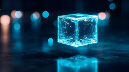 Poster - Floating Holographic Cube with Animated Futuristic Surfaces