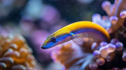 Wall Mural - A vibrant yellow and blue fish swims among colorful coral, showcasing the beauty of underwater marine life.