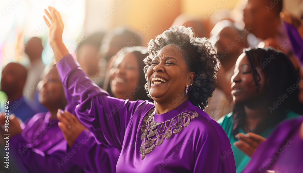 African American woman dressed purple leading church choir, cheerfully ...