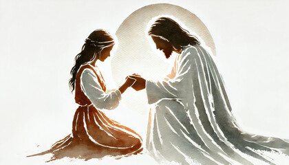 Wall Mural - Jesus comforting the faithful. A serene interaction, Jesus and a woman kneeling, gentle aura. Copy space.