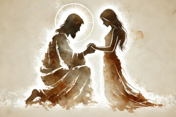 Wall Mural - Jesus comforting the faithful. Jesus reaching out, woman kneeling in respect, calm atmosphere.