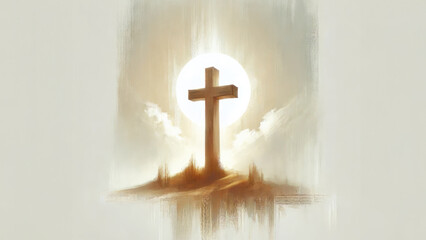 Canvas Print - Cross with radiant glow, surrounded by light, standing tall on a hill.