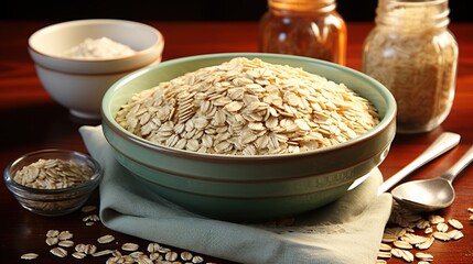 Wall Mural - A wooden bowl filled with oats sitting on top of a table. This image can be used to depict a healthy breakfast or ingredients for cooking 