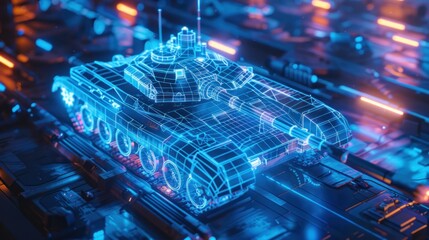 3D rendering illustration Tank blueprint glowing neon hologram futuristic show technology security for premium product business finance