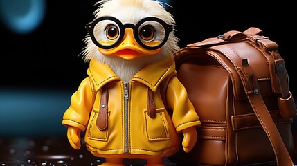 Sticker - a yellow bird wearing glasses and a yellow raincoat is standing on a tiled floor, generative 