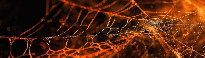 Close-up of an intricate spider web glistening with golden light, creating a captivating and mesmerizing pattern.