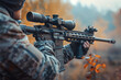 © CozyDigital - Soldier in camouflage and gear aims an assault rifle with scope. Side view.