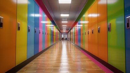 Wall Mural - Colorful School Hallway with Lockers.