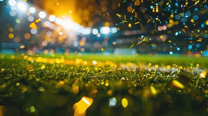 A soccer championship winner game with blurry stadium arena, Tinsel and confetti. Toning in yellow.