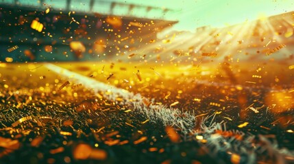 A soccer championship winner game with blurry stadium arena, Tinsel and confetti. Toning in yellow.