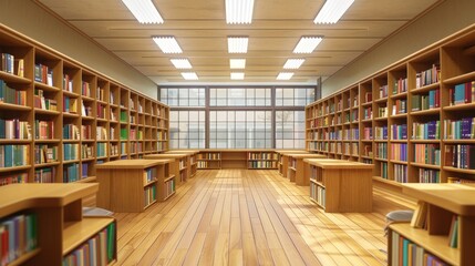 Poster - Library Interior with Bookshelves and Sunlight.