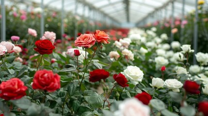 Poster - A vibrant array of red, pink, and white roses flourishes inside a greenhouse filled with greenery.