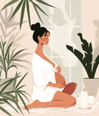 Wall Mural - Beautiful pregnant woman in spa, illustration style