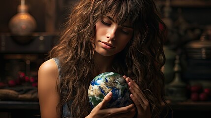 Canvas Print - A young woman hugging planet Earth. Mother Earth holding the globe, giving love and protection - Conceptual illustration, Generative AI  