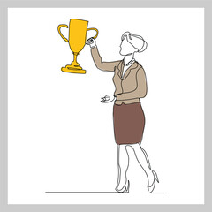 Canvas Print - Continuous single line sketch drawing of business woman successful achievement goal holding trophy reward. one line vector illustration success leader employee corporate celebration