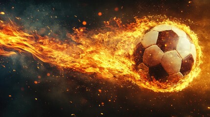 Football engulfed in flames, representing the sheer force of a powerful 3D kick. The fiery trail adds a dramatic effect, highlighting the impact