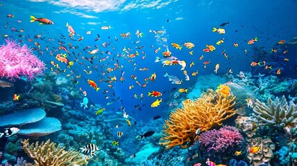 Wall Mural - vibrant coral reef teeming with marine life in clear blue water