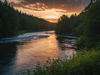 Wall Mural - Sunset view of a river through a forest, illustrates