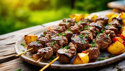 Brochetas de carne asada con papas y pimientos, servidas en un plato al aire libre.