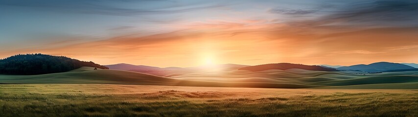 Wall Mural - a semi close-up watercolor style picture of a peaceful countryside landscape with rolling hills and 