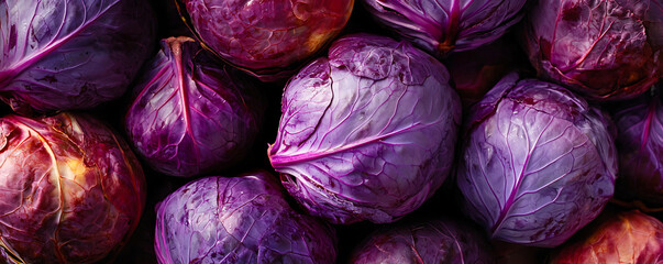 Wall Mural - A close-up image of fresh red cabbage heads piled together showcasing their vibrant purple leaves and natural textures 