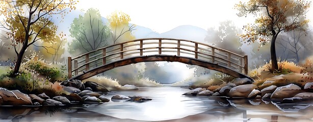 Wall Mural - Semi close-up watercolor of a rustic wooden bridge over a calm stream, tranquil and scenic, more clarity with clear light and sharp focus, high detailed