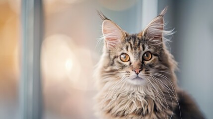 Poster - Maine Coon cat playing at home gazing at the camera against a blurred background