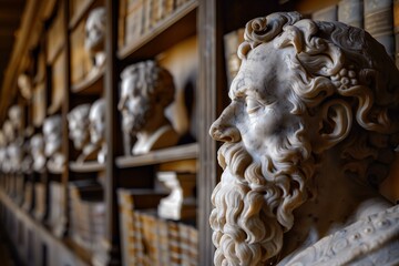 A row of statues of men with one of them having a beard. The statues are lined up on a shelf