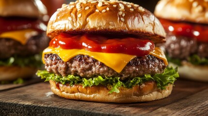 Poster - Classic hamburger with ketchup and mustard, served on a wooden board.