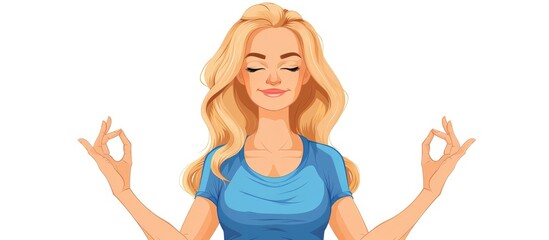 Young beautiful blonde and blue eyes woman wearing blue t shirt over isolated background relax and smiling with eyes closed doing meditation gesture with fingers Yoga concept