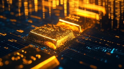 Aufkleber - Close-up of a rising gold market graph with a digital background.