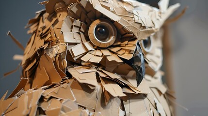 Wall Mural - Crafted statue of an artsy owl made from scrap cardboard