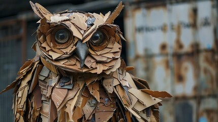 Wall Mural - Crafted statue of an artsy owl made from scrap cardboard