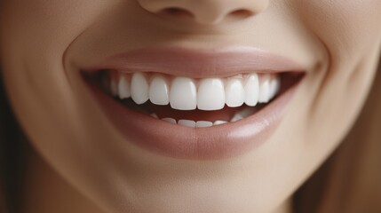 Close-up of a woman's perfect teeth as she smiles brightly in a studio shot.