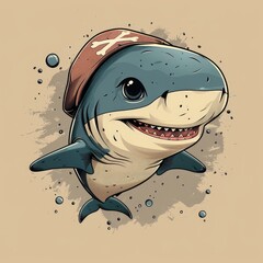 Wall Mural - Cute Cartoon Shark with a Pirate Hat