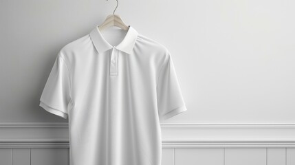 Wall Mural - Mockup of white polo shirt with tucked sleeves on hanger against plain wall