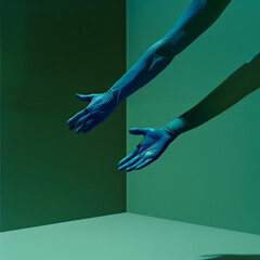 A minimalistic surreal editorial photo of two blue arms emerging from a wall and floating above a green floor, viewed from below.
