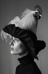 Wall Mural - A woman wearing a black and white chicken hat with a large rooster perched on top of her head.Minimal creative fashion concept.