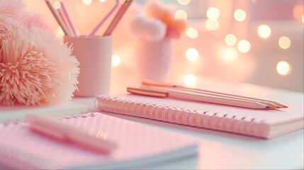 Poster - Pink notepad with pencils and bokeh lights, perfect for a minimalist desk or workspace.