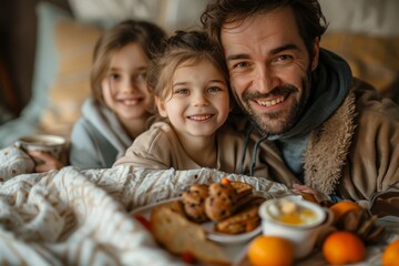 Wall Mural - Dad receiving a surprise breakfast in bed from his kids on a special morning