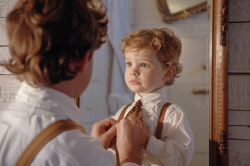 Wall Mural - Dad teaching his young son how to tie a tie in front of a mirror