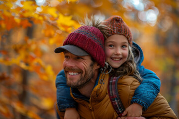 Wall Mural - Father giving his daughter a piggyback ride through a forest in the fall