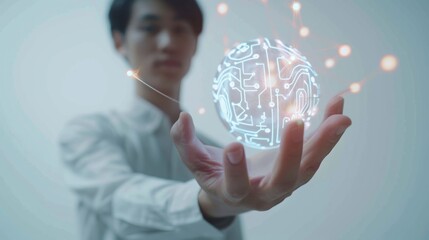 a person holding a digital sphere of code