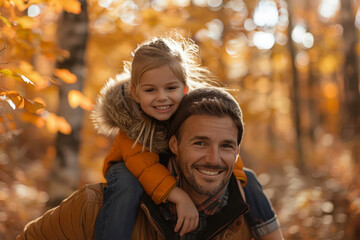 Wall Mural - Father giving his daughter a piggyback ride through a forest in the fall