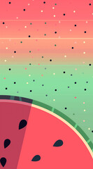 Wall Mural - A flat illustration of a watermelon features a pink, red, and green gradient background with a minimalist style and symmetrical grid pattern.