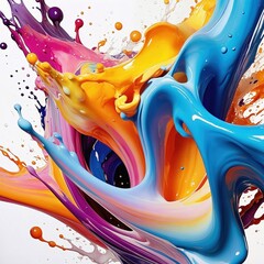 Wall Mural - A vibrant bright artistic splash of multicolored paint isolated on white background. Swirling shades of blue, orange, yellow, purple, and pink. Dynamic movement with droplets and splatters.
