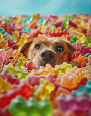 Wall Mural - A dog's head sticks out from a sea of colorful gummy bears, creating an adorable and whimsical scene.Minimal creative food concept.Flat lay 