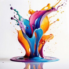 Wall Mural - A vibrant bright artistic splash of multicolored paint isolated on white background. Swirling shades of blue, orange, yellow, purple, and pink. Dynamic movement with droplets and splatters.