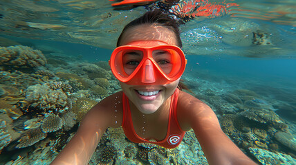 Woman snorkeling underwater, wearing a mask and snorkel, in clear blue waters with visible coral reef background. Concept of adventure and exploration.